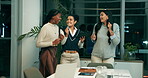 Woman, dancing and happy in office for celebration, good news and tablet for online success report or deal. Night, smiling employees and company goals or target, creative agency and teamwork together