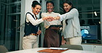Business women, teamwork and hands together in celebration for success, support or solidarity. Clapping, smile and applause for winning and goal achievement in office low angle on tablet at night