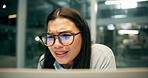 Frustrated, woman and confused with laptop in office for investment, website and phishing email. Night, trader and investor with tech in stress for financial crisis, digital fraud and online scam