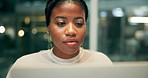 Administration, laptop and project management with business black woman in office at night for research. Face, computer and planning with professional employee in creative workplace for online design