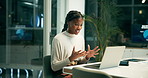 Administration, laptop and video call with business black woman in office at night for research. Computer, meeting and project management with employee in creative workplace for virtual communication