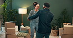 Dancing, happy and couple in new home with moving, boxes and celebration from real estate. Property, smile and excited people with music, marriage and love in living room with laughing and fun
