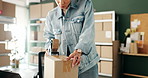 Business woman, logistics and tape with box for delivery, supply chain or packaging order at office. Female person or owner wrapping parcel, cargo or product for shipping or courier service at shop