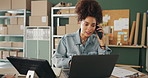 Stress, phone call and black woman on laptop for shipping, distribution and courier service. Ecommerce, small business and person on smartphone for communication, logistics and order with boxes