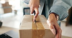 Business woman, hands and cutting box with delivery in logistics, supply chain or package at office. Female person or owner opening parcel, cargo or product for shipping or courier service at shop