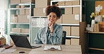 Delivery, laptop and face of black woman for shipping, distribution and courier service. Ecommerce, business and portrait of person on computer for online shopping, logistics and order with boxes