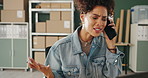 Phone call, stress and black woman on laptop for shipping, distribution and courier service. Ecommerce, business and person on smartphone for online shopping, logistics and order mistake with boxes