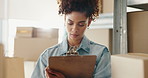 Business woman, logistics and writing with clipboard for inventory, counting stock or boxes at store. Female person or owner with checklist of package, parcel or shipment for order, delivery or cargo