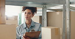 Business woman, logistics and checking stock with clipboard for inventory or counting boxes at store. Female person or owner with checklist of package, parcel or shipment for order, delivery or cargo