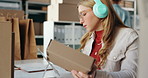 Shipping, headphones and woman on tablet for distribution, supply chain and courier service. Ecommerce, small business and person on digital tech with music for online order, logistics and inventory