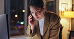 Business woman, computer and night with phone call for discussion, proposal or report at office. Female person or consultant talking or working late on mobile smartphone for conversation at workplace