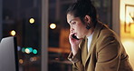 Business woman, conversation and night with phone call for proposal or report on computer at office. Female person, consultant talking or working late on mobile smartphone for discussion at workplace