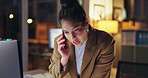 Business woman, talking and night with phone call for proposal or report on computer at office. Young female person or consultant in conversation or working late on mobile smartphone for discussion