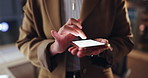 Person, hands and night with phone screen for communication, social media or research at office. Closeup of business employee typing on mobile smartphone display for online browsing, scrolling or app