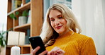 Happy, home and woman with phone on sofa for online chatting, communication and networking. Relax, apartment and person on smartphone for social media, funny website and internet joke in living room