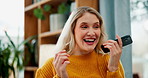 Happy woman, voice note and recording with phone for communication, conversation or chat at home. Female person talking on speaker or mobile smartphone for audio message, call or discussion at house