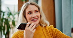 Phone, voice recognition and woman on sofa with communication, networking and connectivity. Smile, technology and female person recording audio message on cellphone in living room at home in Canada.