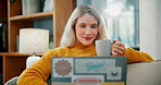 Woman, relax and laptop with coffee for morning, online browsing or checking email on sofa at home. Young female person with warm beverage, drink or tea on computer for communication in living room