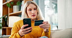 Woman, credit card and online shopping with phone on sofa for purchase, transaction or banking at home. Young female person or shopper with debit on mobile smartphone for ecommerce, fintech or app