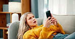 Home, surprise and woman with smartphone, wow and scrolling with mistake, glitch and expression. Person, apartment and girl with cellphone, emoji and shocked with omg, alert and online announcement