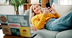 Relax, laptop and woman with phone on sofa for online chat, communication and networking. Happy, home and person on smartphone for social media, website and internet in living room on break or rest