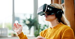 Virtual reality, woman or goggles with interaction in home for user experience, gaming entertainment or metaverse. Girl, vr headset or gadget for futuristic exploration with 3D swipe or cyber fantasy