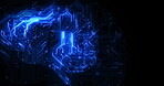 Circuit, digital brain and technology for ai, artificial intelligence or big data on black background. Neural network, information or machine learning on future electric cyber computer for innovation