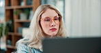 Face, woman and typing on computer in home for remote work, freelancer and research as journalist. Female person, pc and serious on internet or online for information, article and headline news