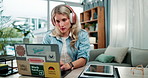 Thinking, woman and laptop with headphones at house typing research, planning and information for learning online course. Female student and music for education, studying and problem solving project