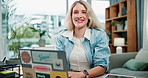 Woman, journalist and face with laptop, working in research for deadline in office for company or business. Female person, tech and happy for project, assignment or article in media for publication