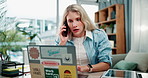 Woman, copywriter and phone call with laptop, work and typing for deadline in home for company or business. Female person, tech and talking for project, assignment or article in media or publication