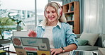 Wave, woman and laptop with headphones at house video call for online learning, greeting and lesson for education. Smile, female student and elearning presentation of virtual class for knowledge goal