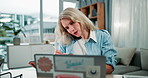 Phone call, woman writing and talking with laptop for planning agenda, research and calendar schedule in office. Virtual assistant girl, mobile hello and diary appointment for with computer and admin