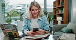 Laptop, woman and phone typing with smile for social media post and schedule appointment by desk. Virtual assistant girl, reading email and mobile app notification for communication and networking