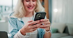 Typing hands, smartphone and woman with connection for social media post and online blog update in home. Female person, reading email and mobile app notification for communication and info research