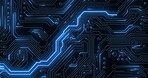 Circuit board, digital and future technology on motherboard for data or communication on black background. Network, neon electronics or cpu for machine learning on cyber hardware or cloud computing