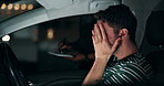 Traffic, stress and man in car with police, lights and frustrated for driving, speed or siren at night. Travel, transport and driver in vehicle with highway patrol, ticket or compliance in street