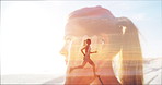 Woman, running and fitness at beach with double exposure, earphones or listen to music at sunset. Girl, person and training for speed, health and workout by sea with streaming subscription in summer