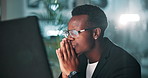 Black man, stress and laptop in office, night or thinking with solution for glitch, 404 or error. Person, frustrated and waiting by computer with mistake, deadline or ideas for problem solving at job