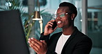 Black man, business and night with phone call for proposal, online advice or discussion at office. Young African, accountant or financial advisor talking late on mobile smartphone for budget or help