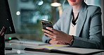 Phone, computer and hands of business woman at night for social media, website and networking. Corporate, professional and person on smartphone and working on report, deadline and project in office