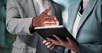 Business people, hands and night with tablet for online browsing, research or social media at office. Closeup of Businessman, woman or employees working late or scrolling on technology at workplace