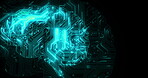 Circuit, digital brain and cyber technology for ai or artificial intelligence on black background. Neural network, information and machine learning on future electric neon computer for innovation