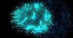 Circuit, digital brain and future technology for ai, artificial intelligence or big data on black background. Neural network, information and neon on machine learning cpu for electric cloud computing