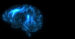 Digital brain, circuit or technology for ai or artificial intelligence on black background. Neural network, information or machine learning cpu for future electric cyber computer on neon mockup space