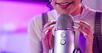 Asmr, influencer and hands of girl with microphone in house for nails or audio pleasure, satisfaction or broadcast. Acrylic, sound and recording podcast content creation for online target audience