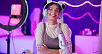 Happy, woman and influencer with smile in portrait for live stream with microphone, ring light and headphones. Social media, streaming and female person with tech for gen z entertainment podcast