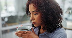 Thinking, woman or business person with coffee and idea in office for research or planning. Female person, project and contemplating proposal with beverage for collaboration and growth in workplace