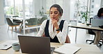 Thinking, business woman and laptop in office reading message for social media post and online communication. Smile, female person and technology in workplace for networking or web conversation