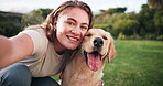 Selfie, face of woman and dog in outdoor park for profile picture, memory or social media post. Animal, portrait and person with puppy pet for happiness, best friend or morning adventure in nature